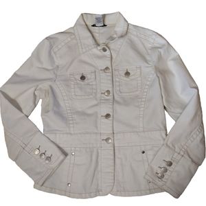 CABI WHITE DENIM TAN STITCHING JACKET WOMEN'S SIZE S